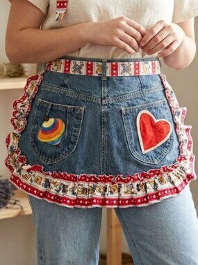 Handmade Kitchen Apron Blue Jeans and Ruffles Multicolored Small Size Teen Heart